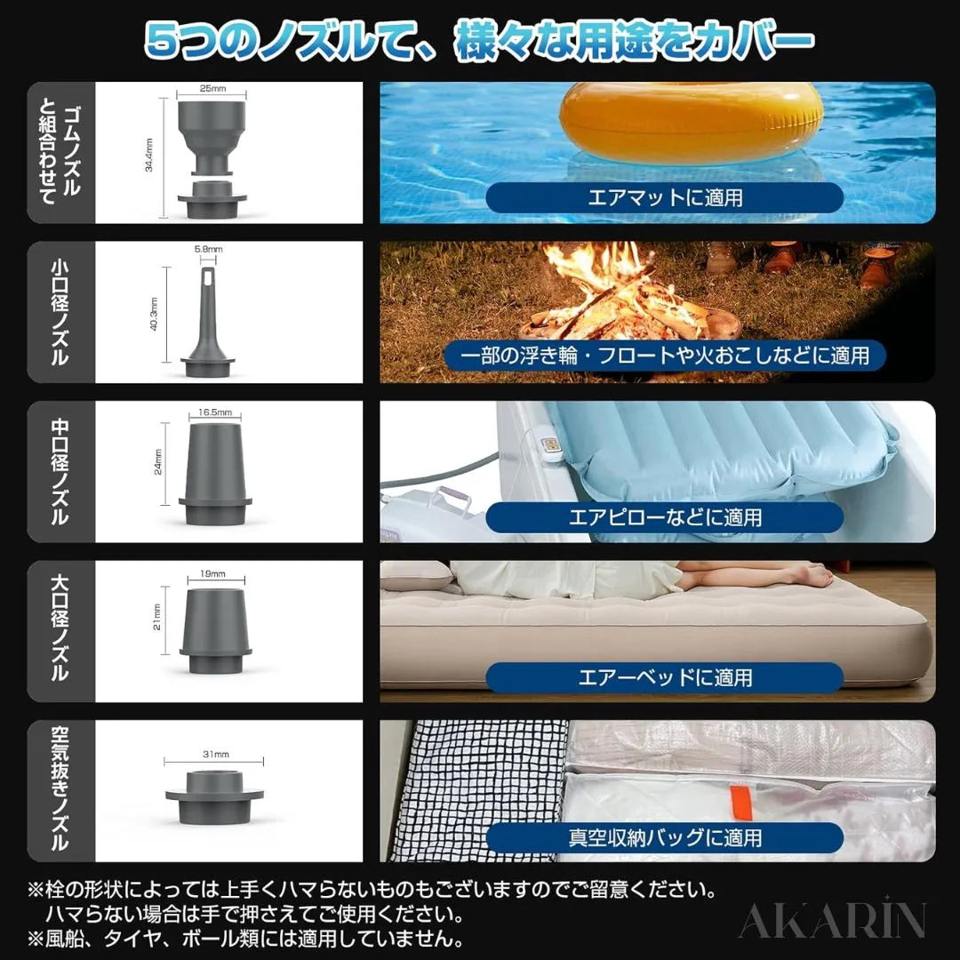 AKARIN™ らくらく電動エアポンプ｜浮き輪・エアベッド・圧縮袋対応 USB充電式